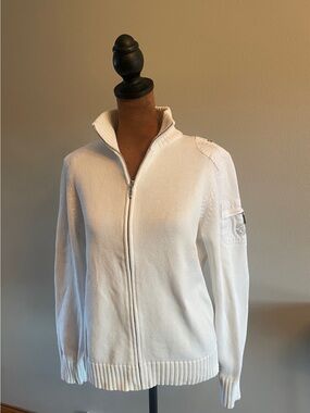 Vintage Ralph Lauren White Zip-Front Knit Bomber Sweater - Women's